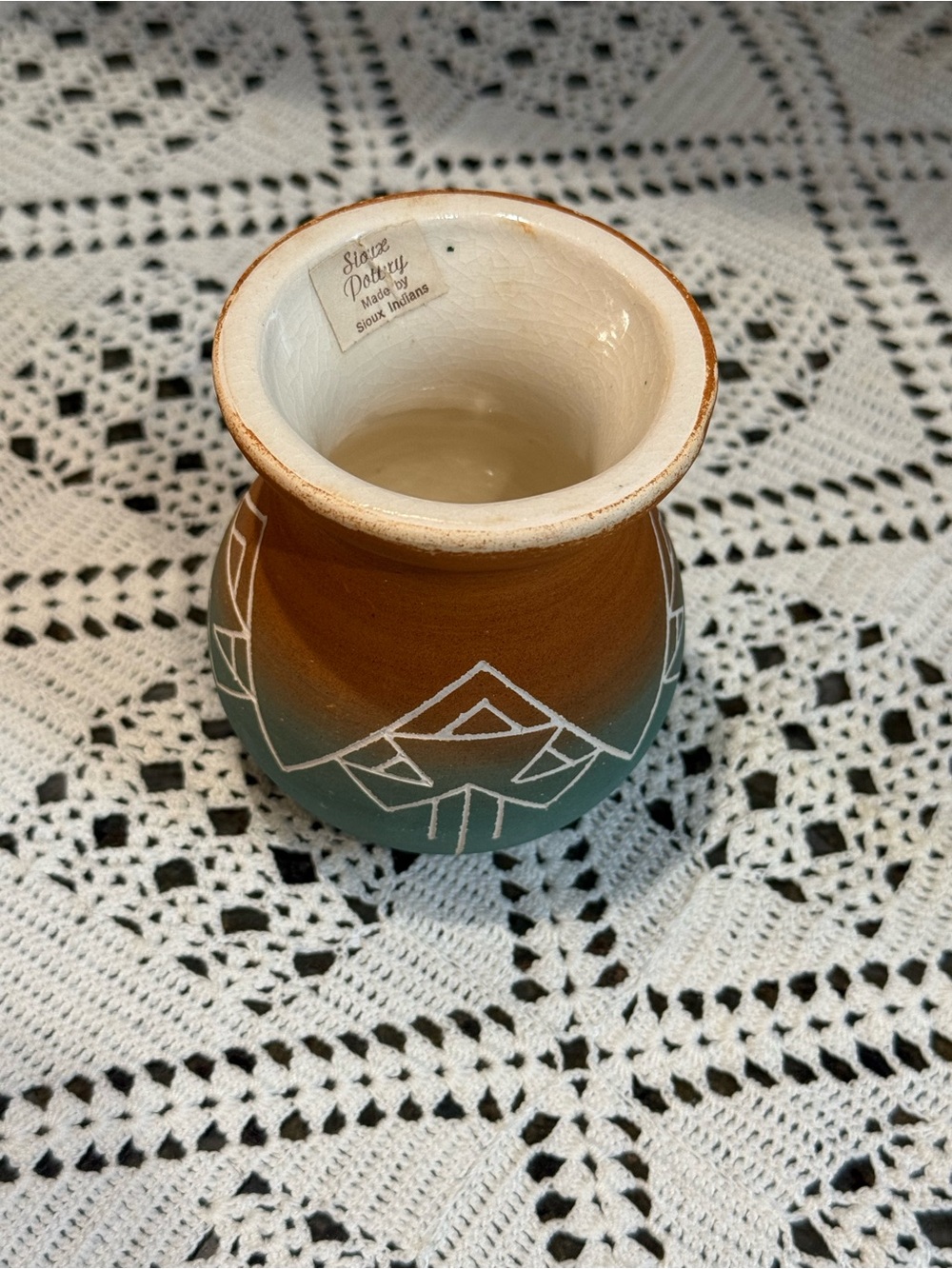 Sioux Pottery Brown and Green Hand-Painted Native Art Vase signed American Horse